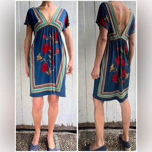 Twenty One Boho Plunging Neckline & Back Flower Pattern Midi Dress EUC -Blue (M)